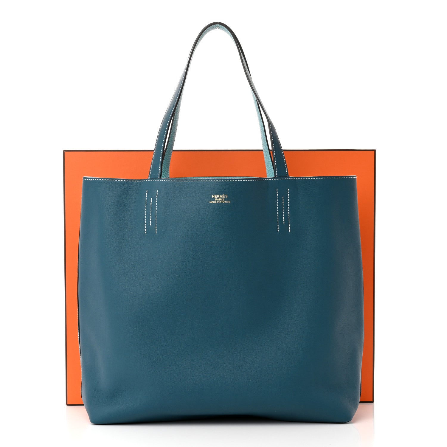 Hermes Veau Sikkim Taurillon Clemence Double Sens 36 Reversible Tote Colvert Bleu Atoll 17 of 17