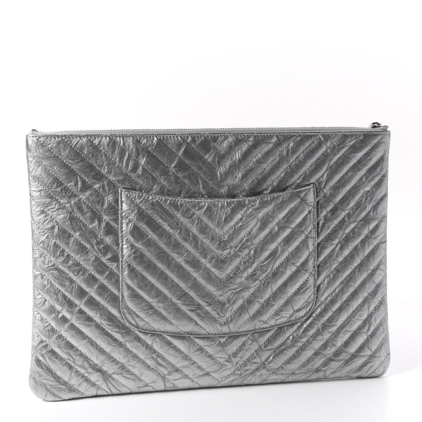 Metallic Crumpled Calfskin Chevron Quilted Large Cosmetic Case Silver