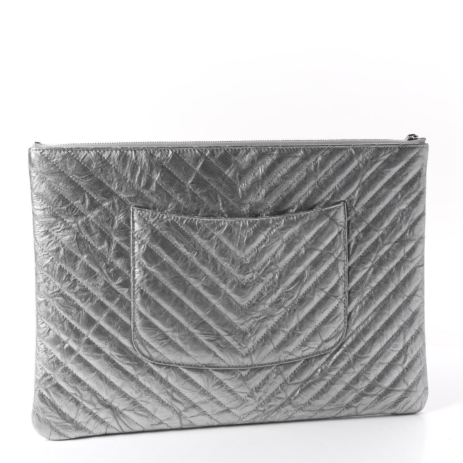 Chanel Metallic Crumpled Calfskin Chevron Quilted Large Cosmetic Case Silver 2 of 8