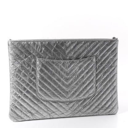 Chanel Metallic Crumpled Calfskin Chevron Quilted Large Cosmetic Case Silver 2 of 8