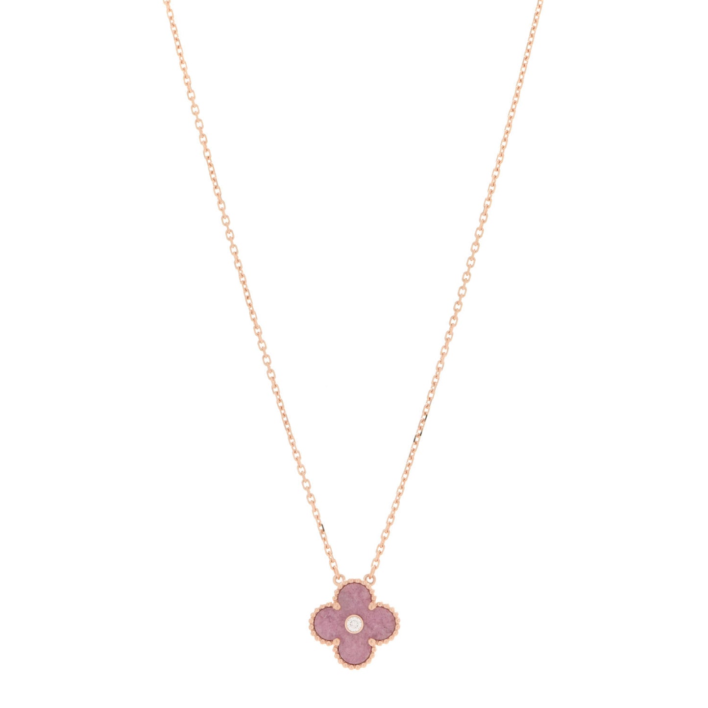 18K Rose Gold Diamond Rhodonite Vintage Alhambra Pendant Necklace