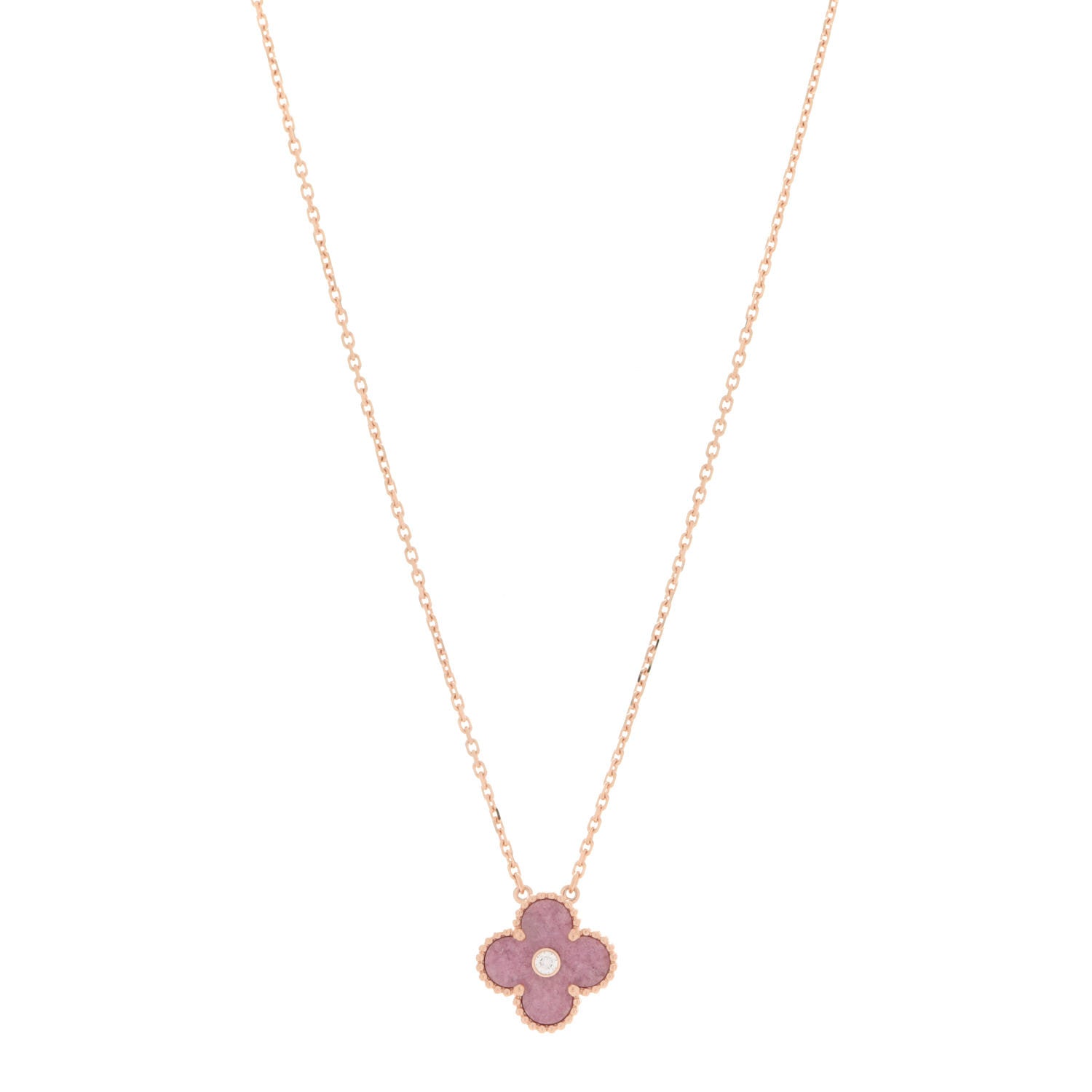 Van Cleef & Arpels 18K Rose Gold Diamond Rhodonite Vintage Alhambra Pendant Necklace 1 of 7