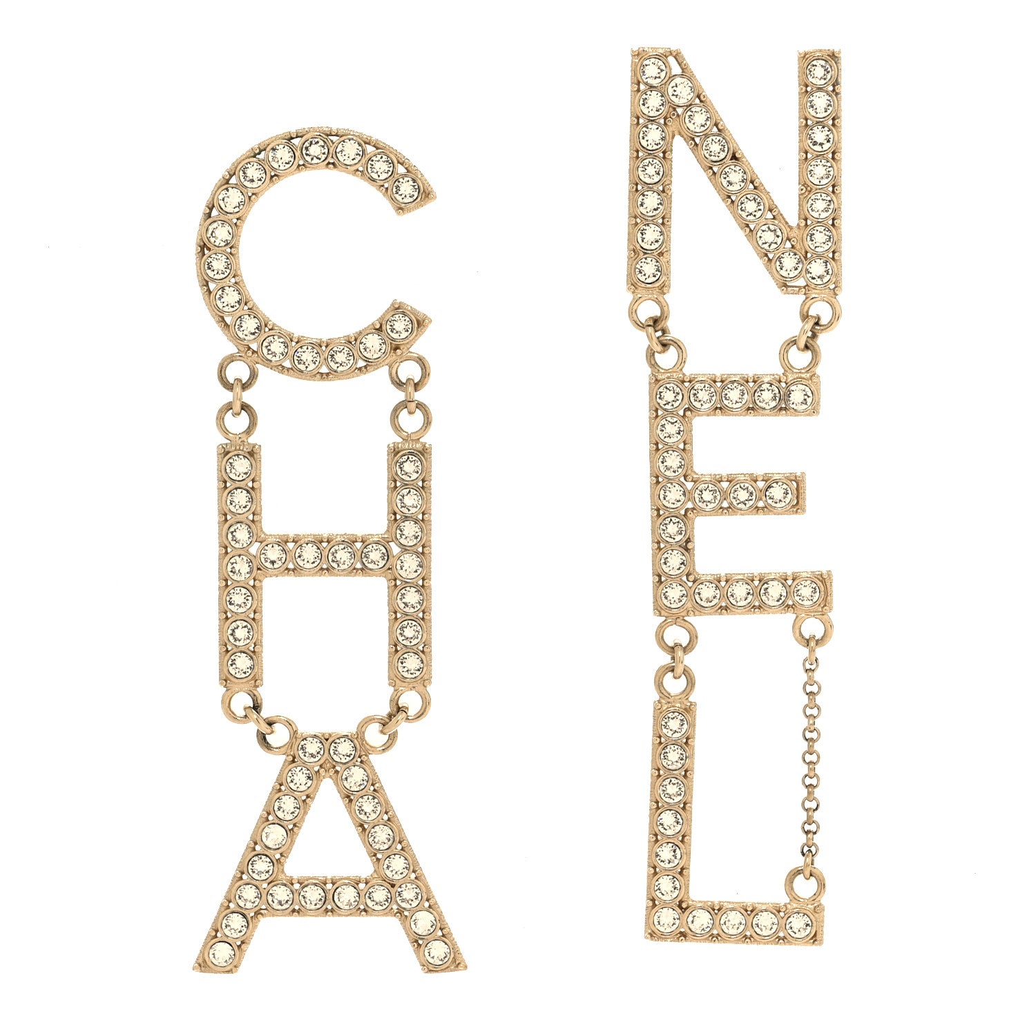 Chanel Crystal Cha-Nel Logo Drop Earrings Gold 1 of 5