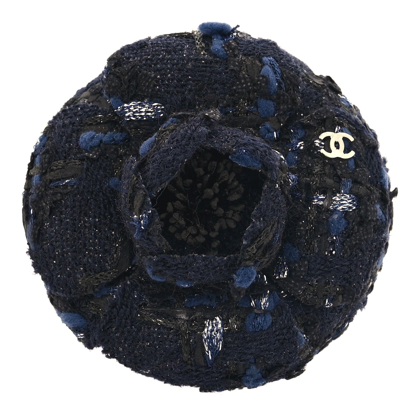 Tweed Camellia Pin Brooch Navy Blue