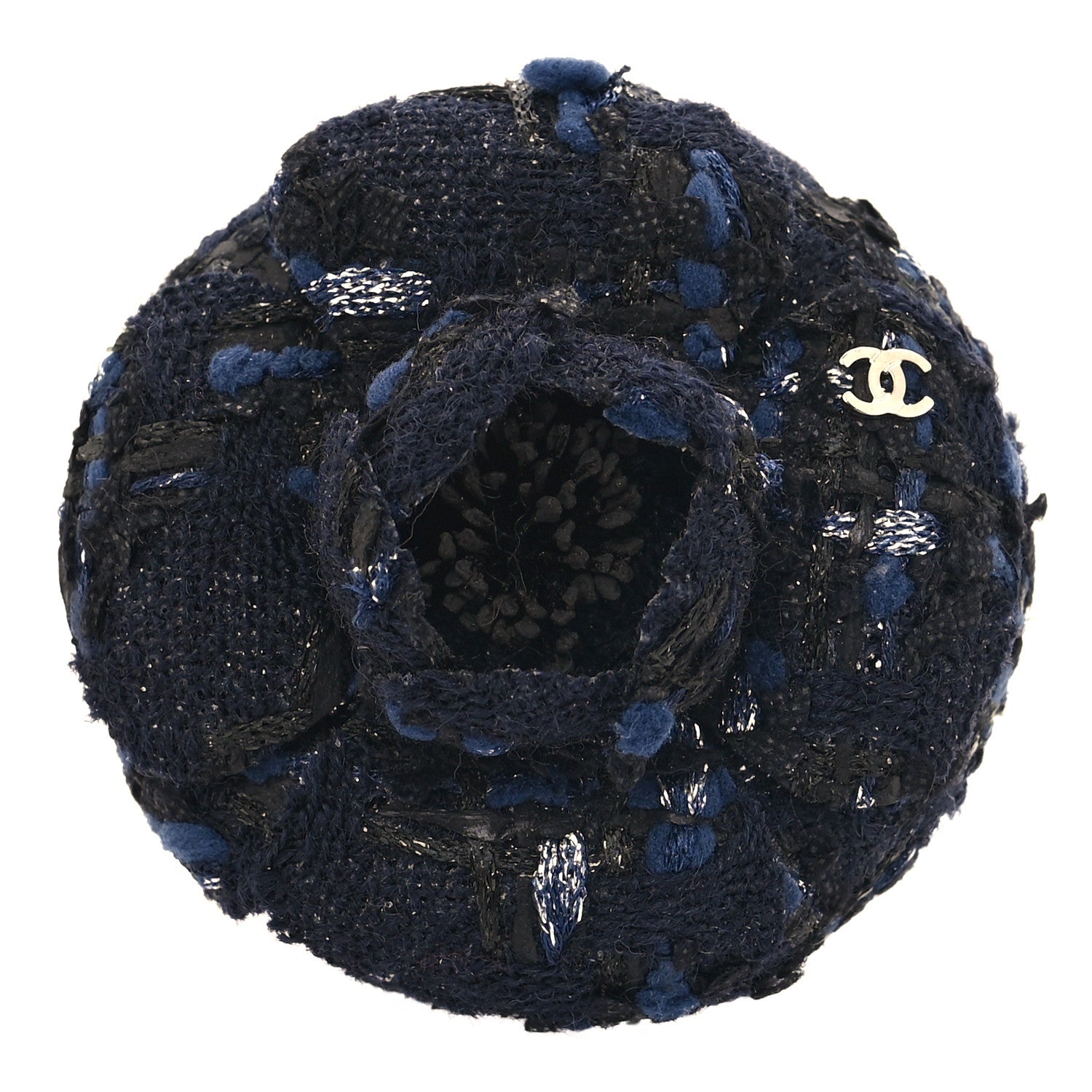 Chanel Tweed Camellia Pin Brooch Navy Blue 1 of 3