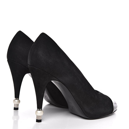 Chanel Patent Suede Calfskin Pearl Cap Toe Pumps 41 Black 4 of 9