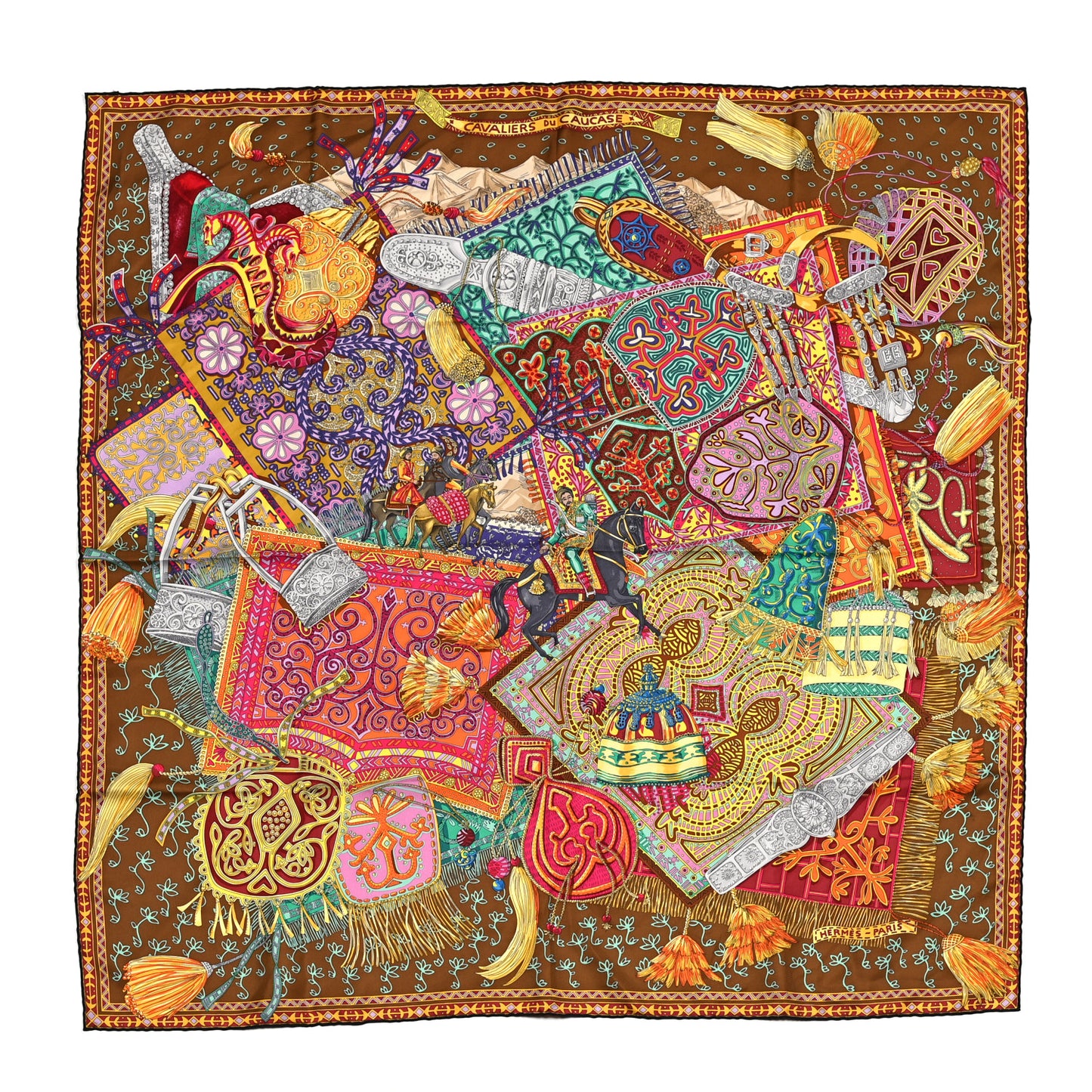 Silk Cavaliers du Caucase Scarf 90 Tabac Orange Multicolor
