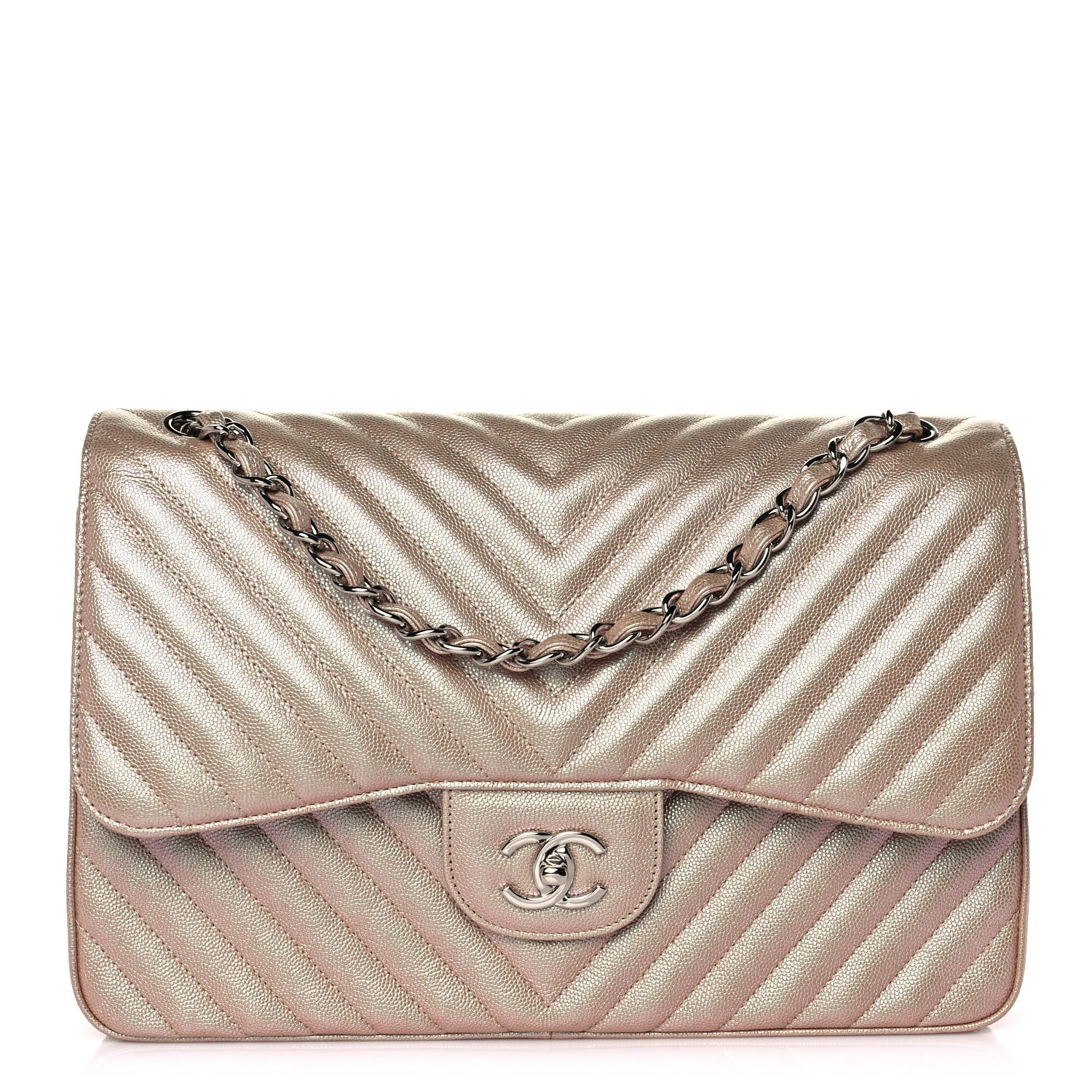 Chanel Metallic Caviar Chevron Quilted Jumbo Double Flap Light Gold 1 of 11