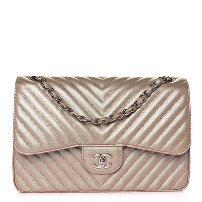 Chanel Metallic Caviar Chevron Quilted Jumbo Double Flap Light Gold 1 of 11