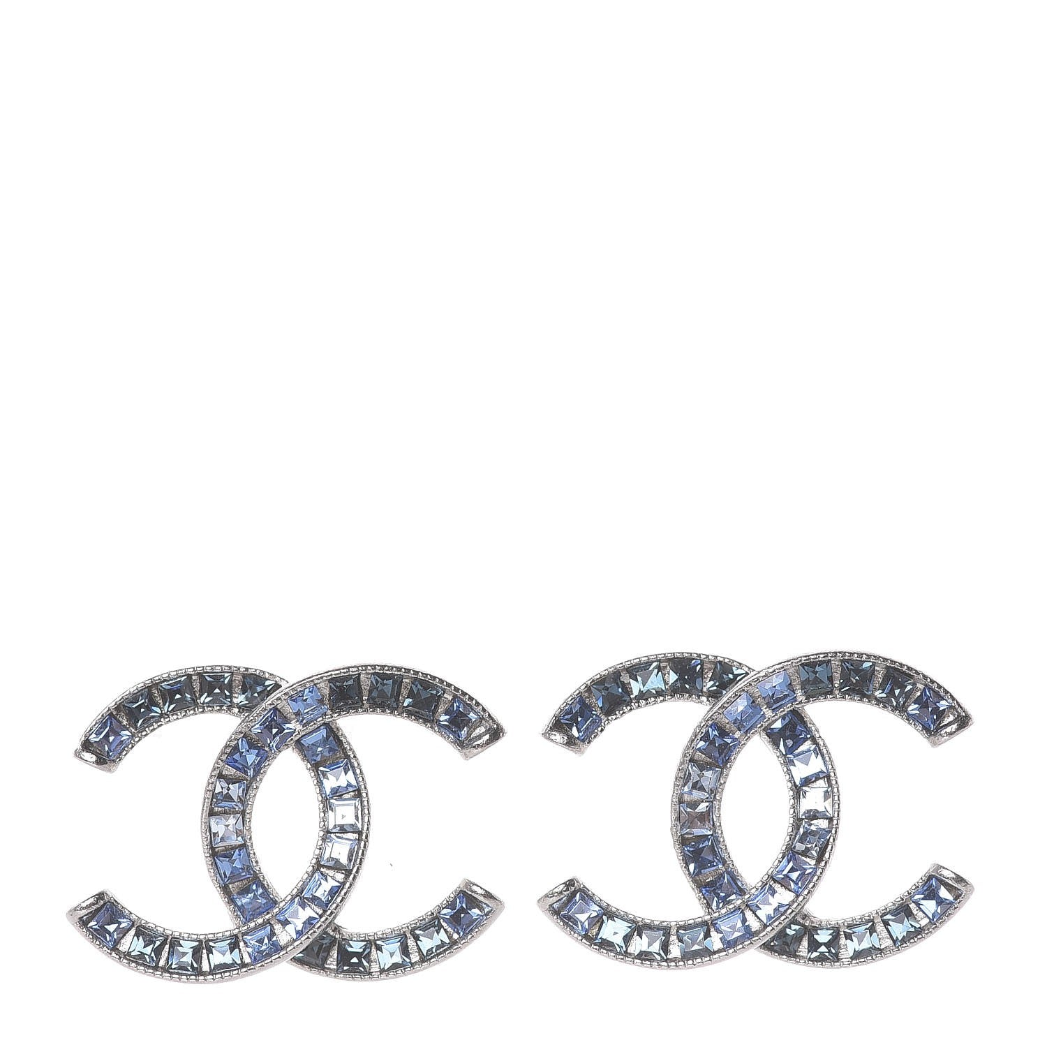 Chanel Baguette Crystal CC Earrings Silver Blue 1 of 4