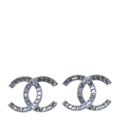 Chanel Baguette Crystal CC Earrings Silver Blue 1 of 4