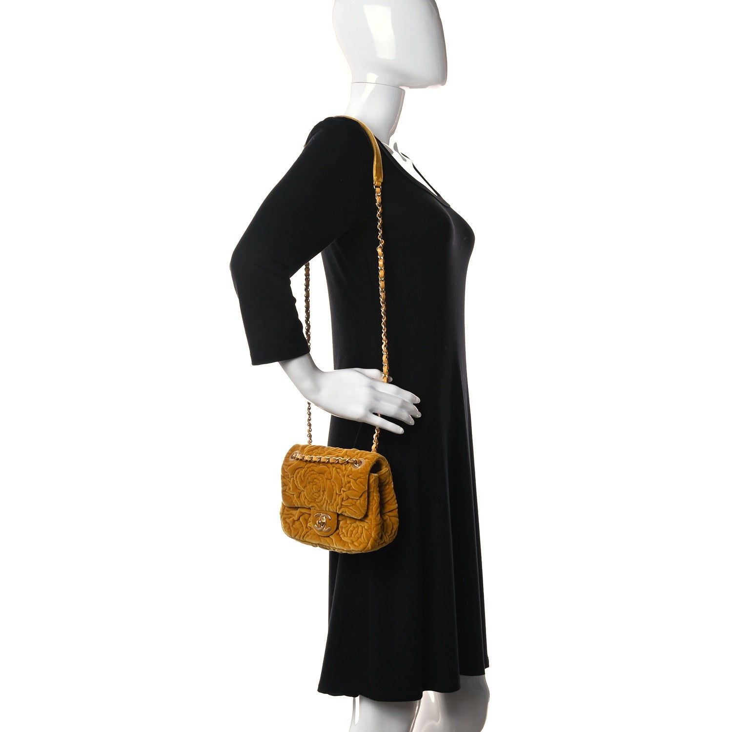 Chanel Velvet Camellia Embossed Mini Square Flap Yellow 2 of 9