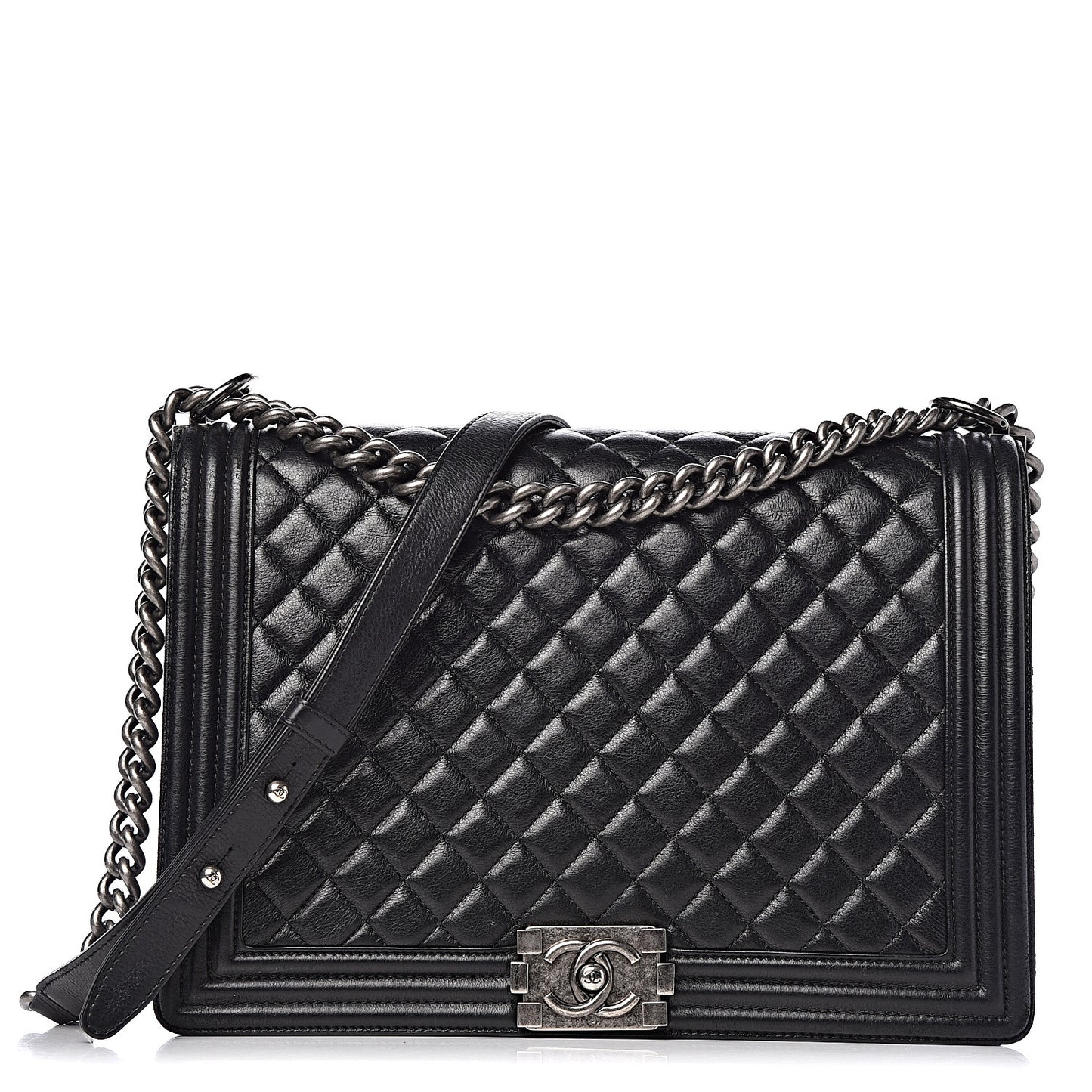Calfskin Quilted Large Boy Flap Black