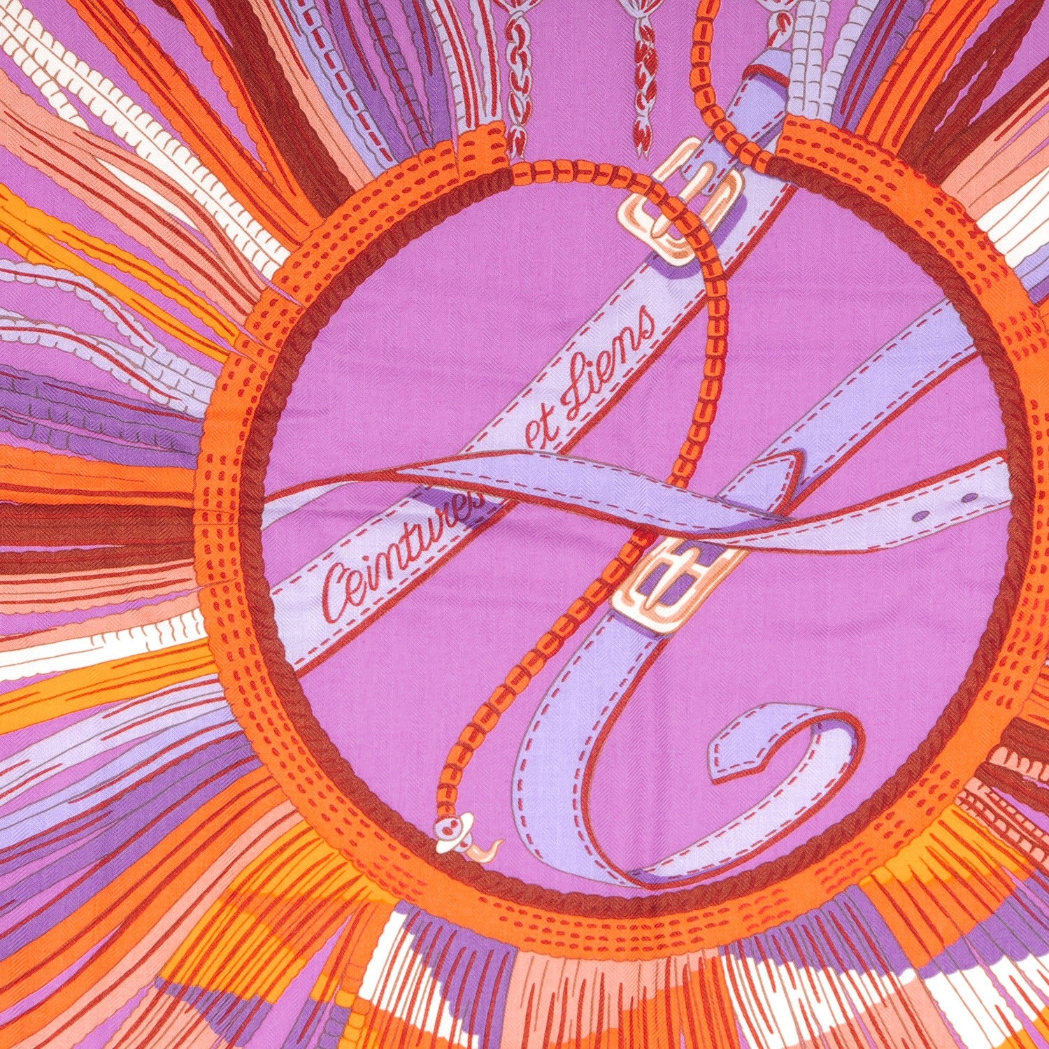 Hermes Cashmere Silk Ceintures et Liens Shawl 140 Orange Bouton D'or Mauve 3 of 6
