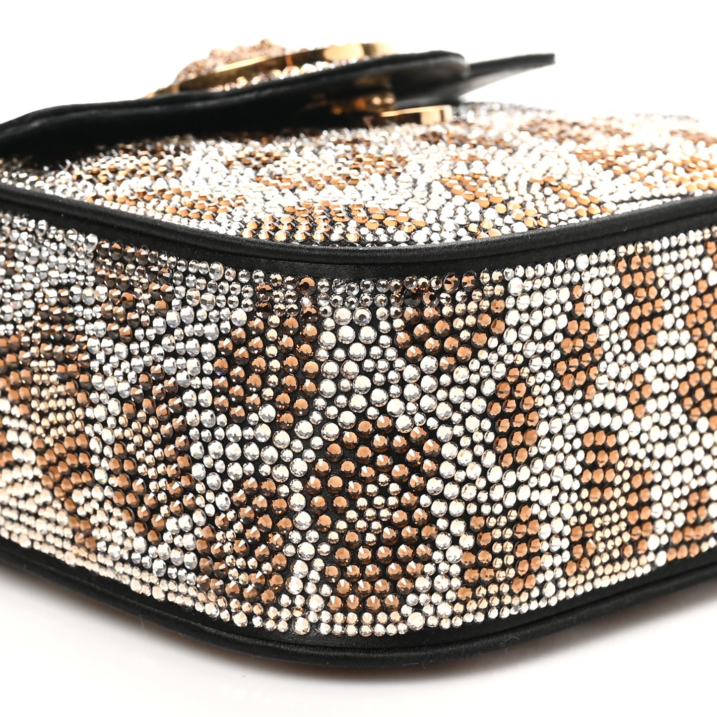 Satin Crystal Studded Leopard Mini La Medusa Bag Black