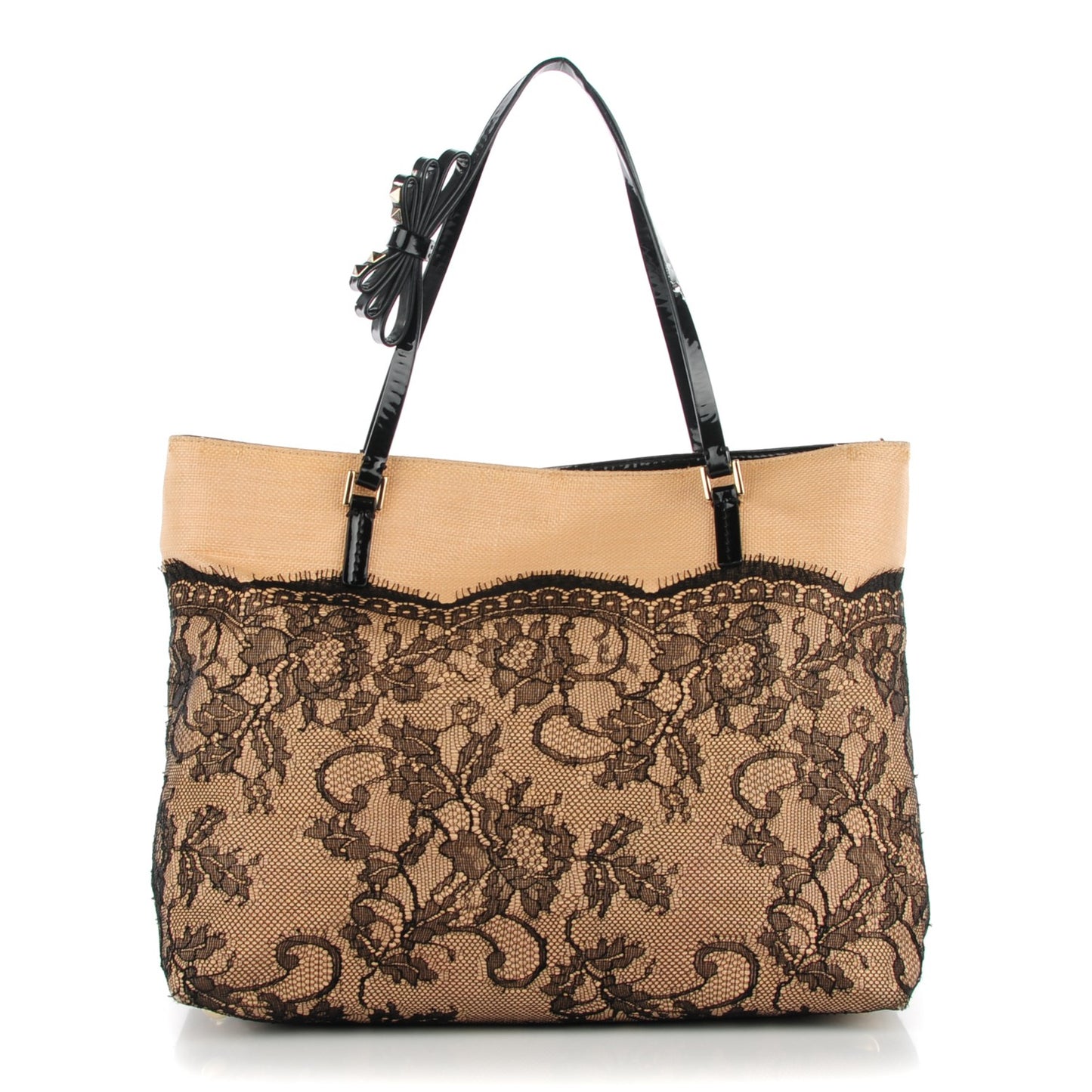 Raffia Straw Lace Tote Black
