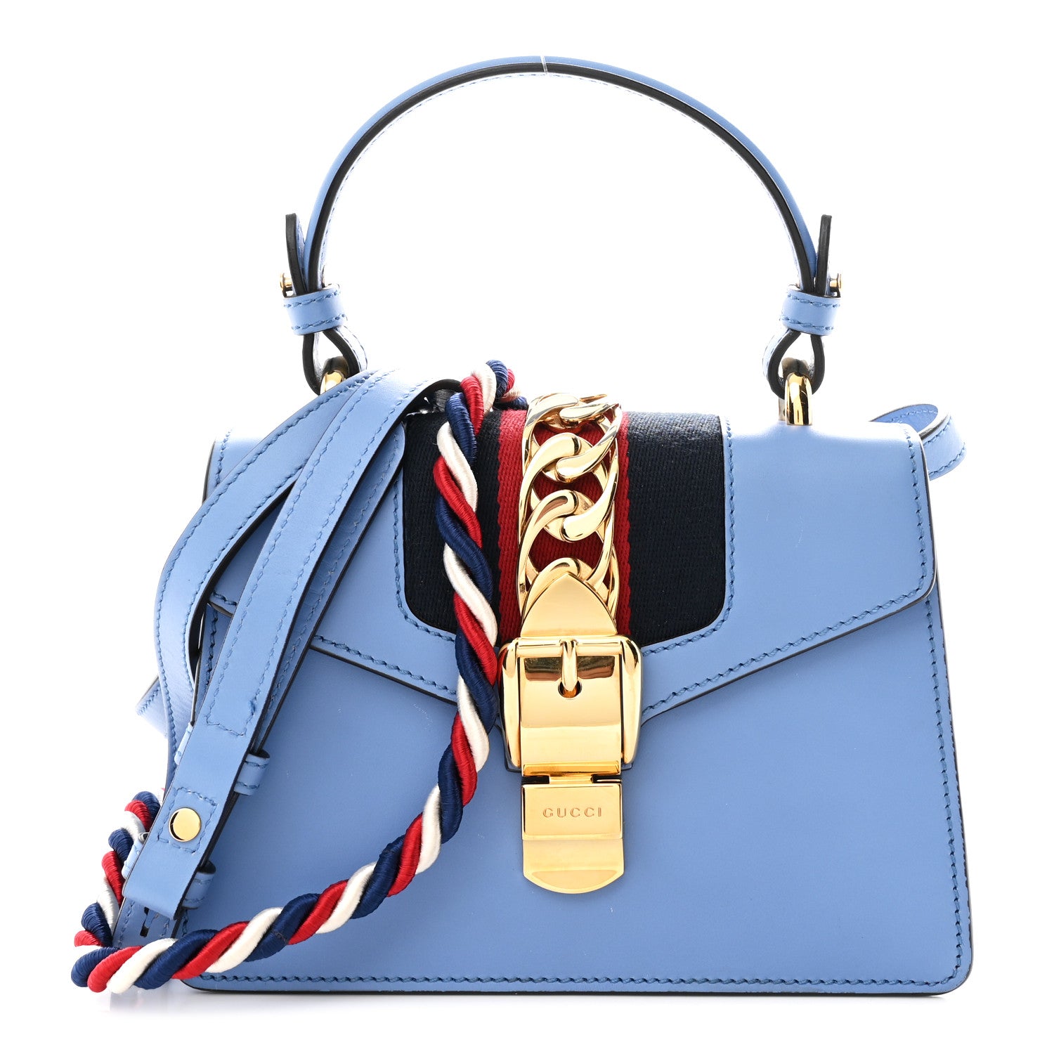 Gucci Vitello Fontanella Web Mini Sylvie Top Handle Bag Clear Sky Blue 1 of 13