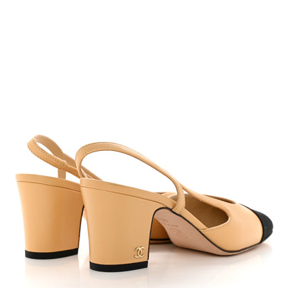 Chanel Goatskin Grosgrain Cap Toe CC Slingback Pumps 35.5 Beige Black 4 of 11