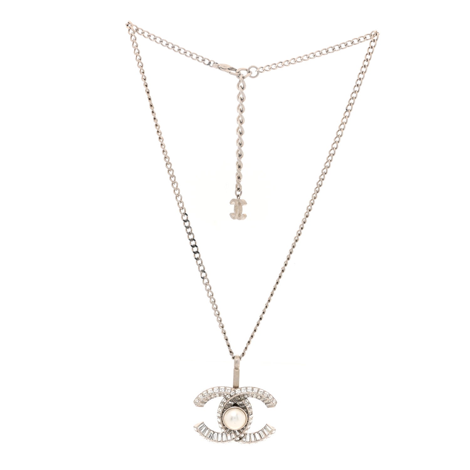 Chanel Pearl Baguette Crystal Large CC Pendant Necklace Silver 2 of 5