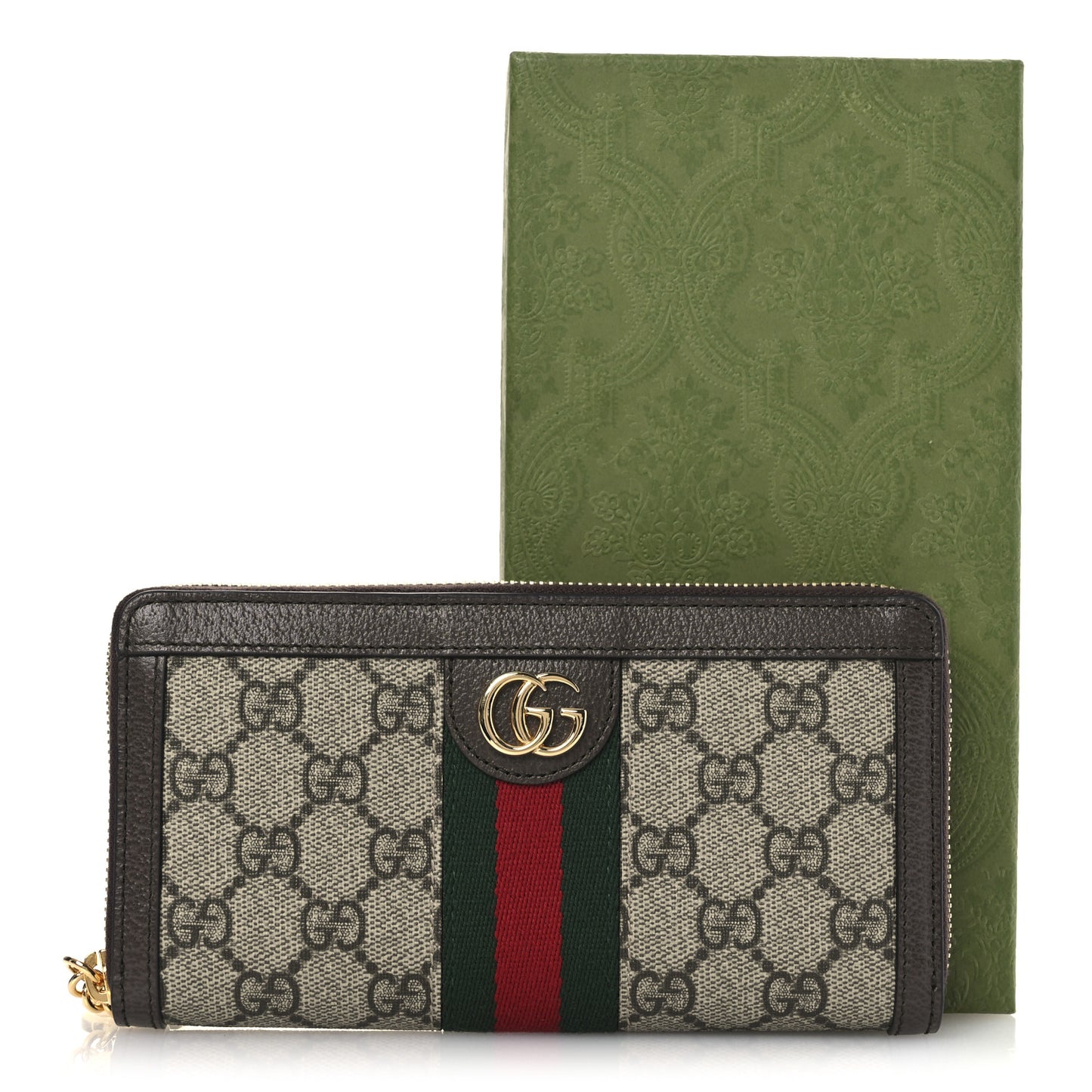 GG Supreme Monogram Web Ophidia Zip Around Wallet Brown