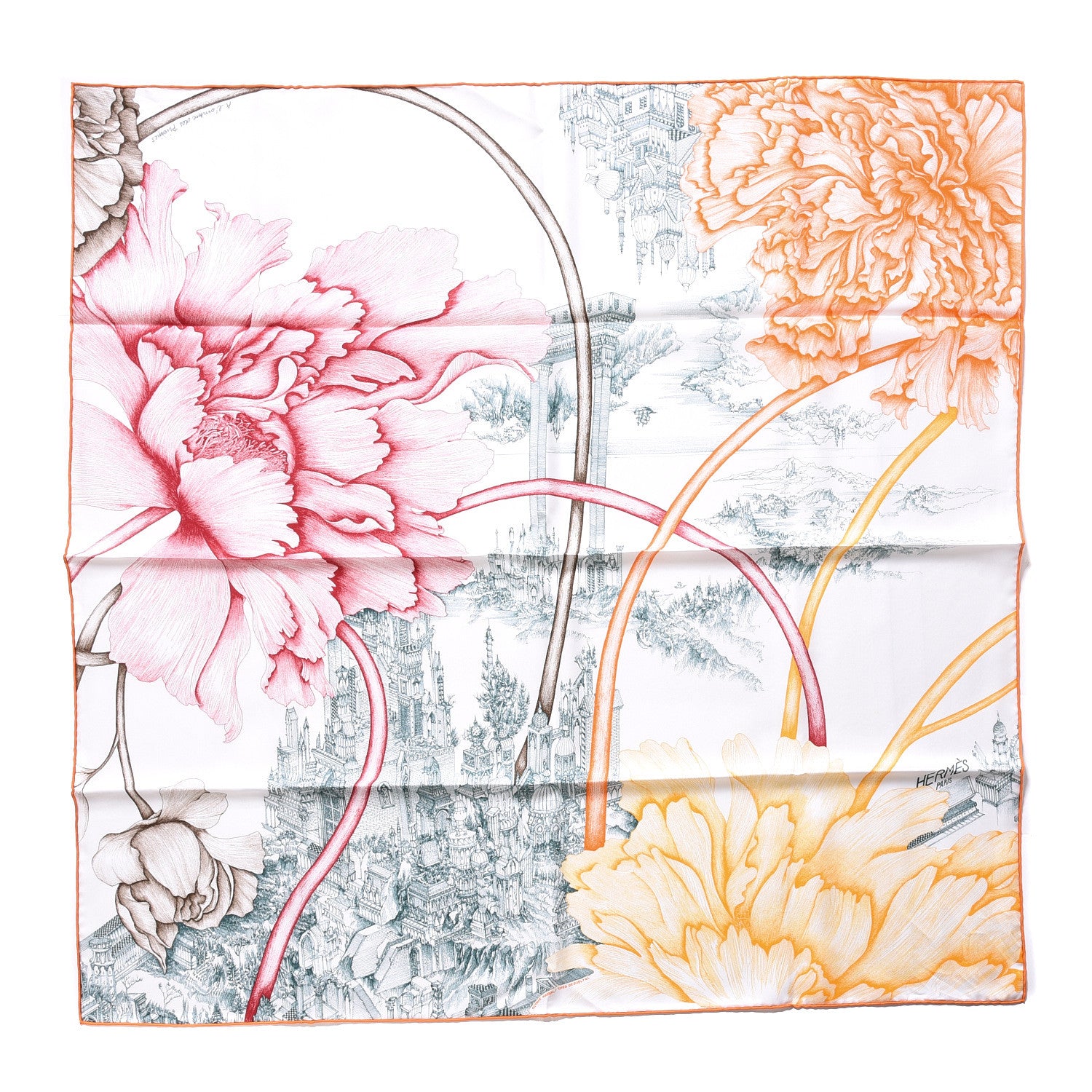 Hermes Silk A l'Ombre des Pivoines Scarf 90 White Orange Vert 1 of 4
