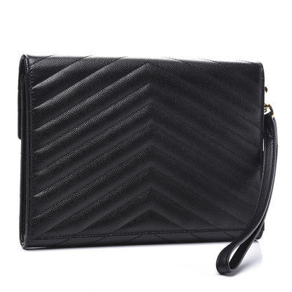 Saint Laurent Grain De Poudre Matelasse Chevron Monogram Envelope Clutch Black 2 of 10
