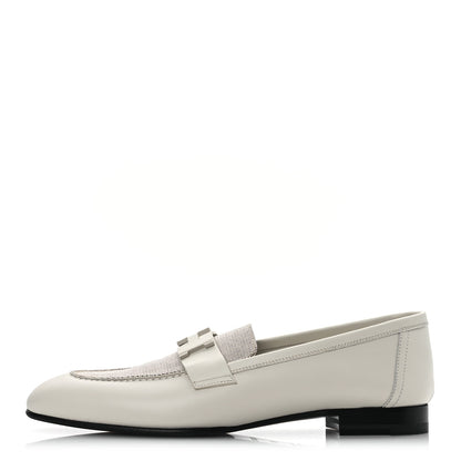 Hermes Calfskin H Canvas Womens Paris Loafers 38.5 Beige Glaise Prunoir 1 of 11