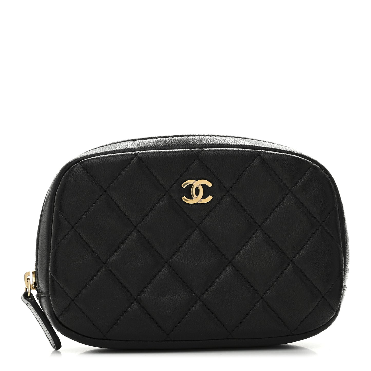 Lambskin Quilted Small Curvy Pouch Cosmetic Case Black