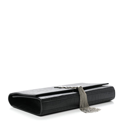 Saint Laurent Calfskin Crocodile Embossed Classic Monogram Tassel Clutch Black 4 of 8