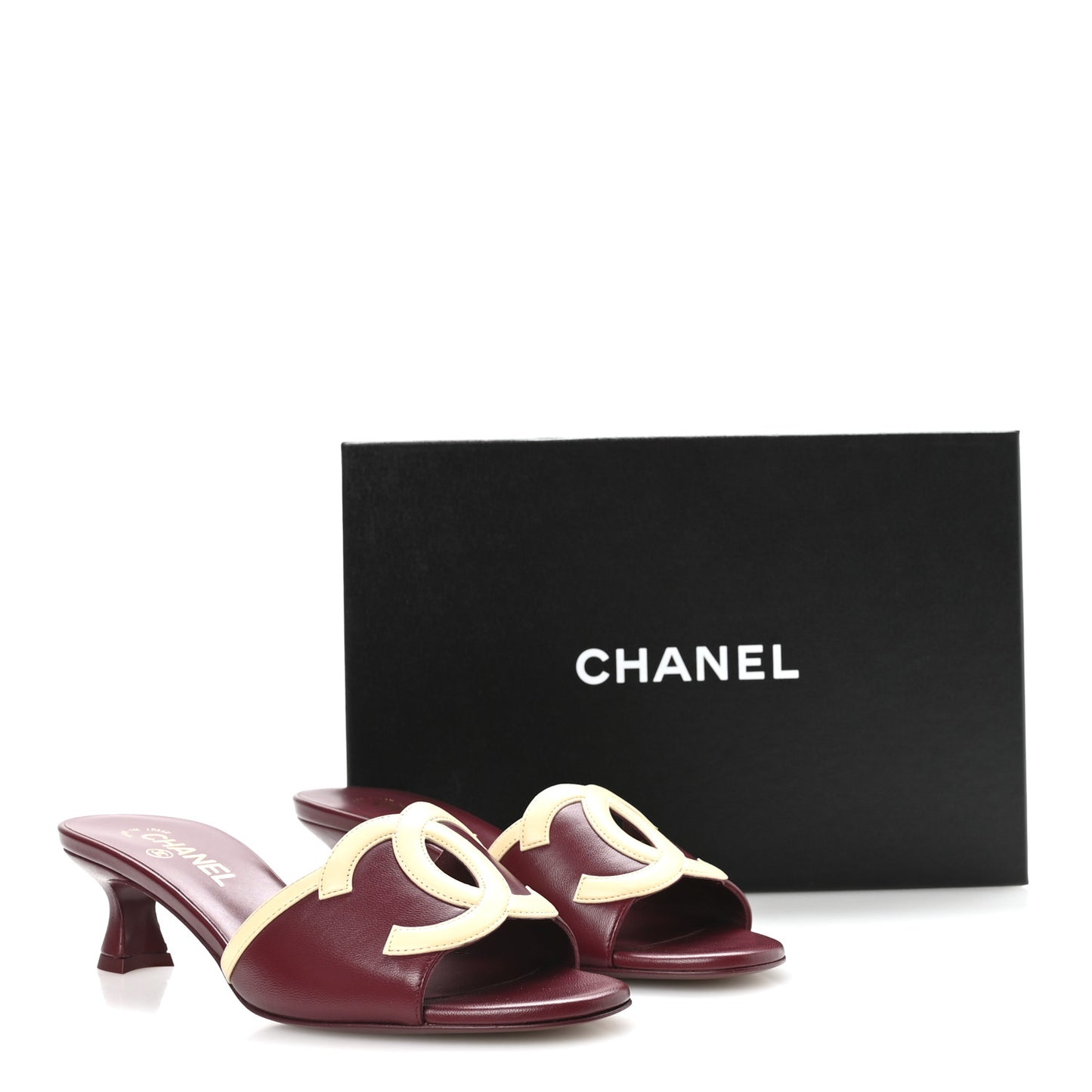 Lambskin CC Cutout Mules 39 Burgundy Beige