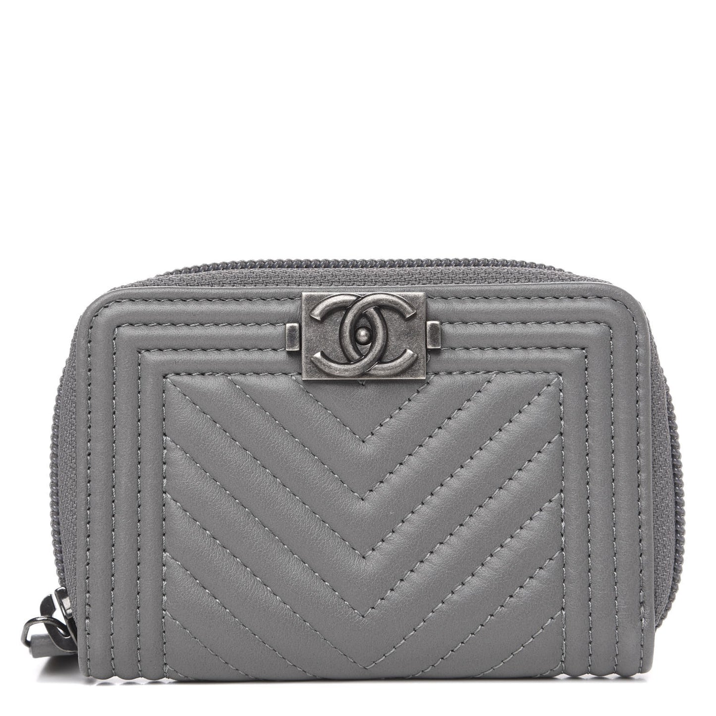 Calfskin Chevron Quilted Zip Around Boy Coin Purse Wallet Grey