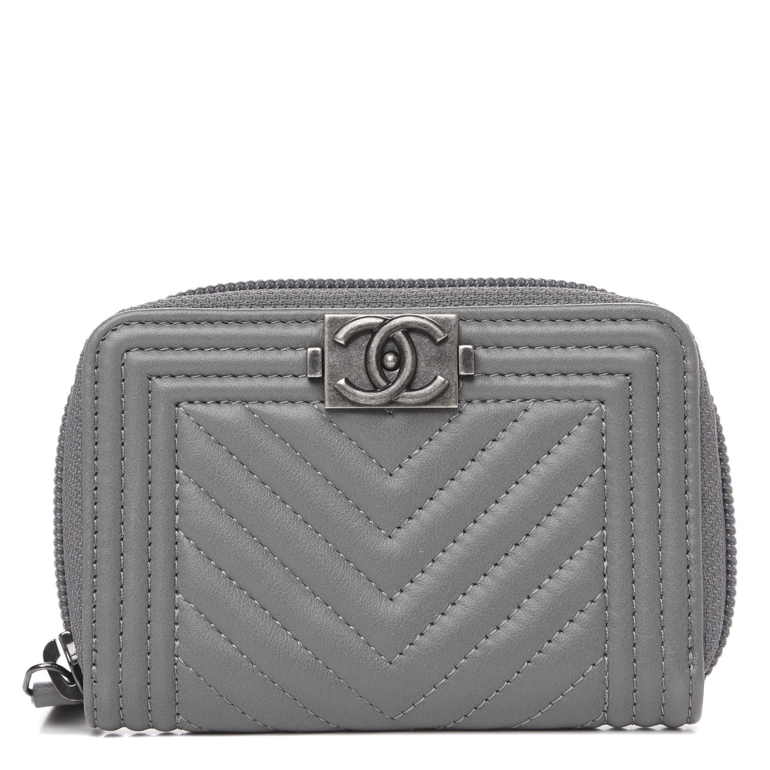 Chanel Calfskin Chevron Quilted Zip Around Boy Coin Purse Wallet Grey 1 of 6