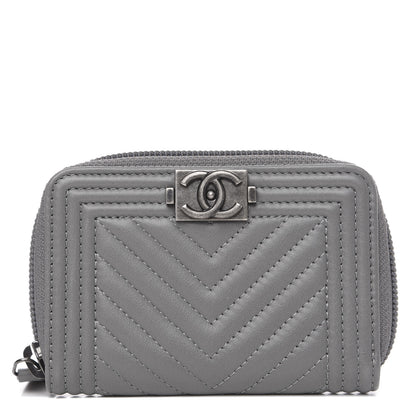 Chanel Calfskin Chevron Quilted Zip Around Boy Coin Purse Wallet Grey 1 of 6