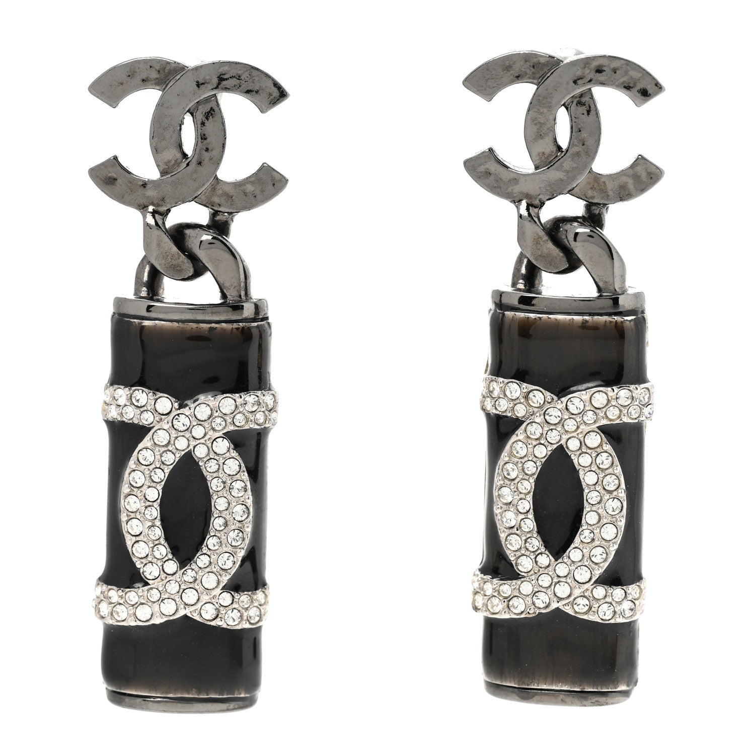 Chanel Hammered Metal Crystal CC Drop Earrings Ruthenium Black 1 of 5