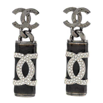 Chanel Hammered Metal Crystal CC Drop Earrings Ruthenium Black 1 of 5