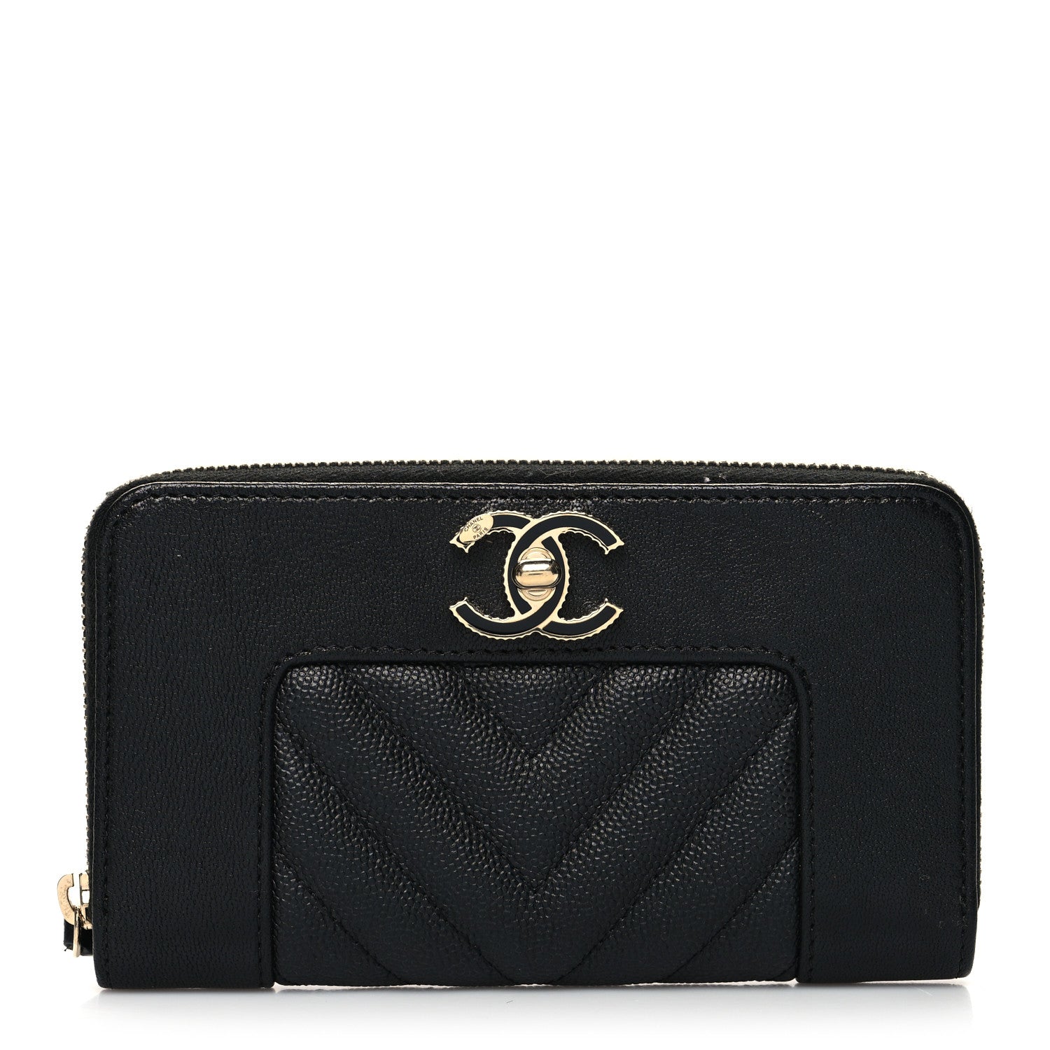 Chanel Caviar Sheepskin Chevron Quilted Medium Mademoiselle Vintage Zip Around Wallet Black 1 of 11
