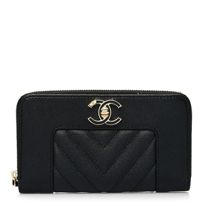 Chanel Caviar Sheepskin Chevron Quilted Medium Mademoiselle Vintage Zip Around Wallet Black 1 of 11