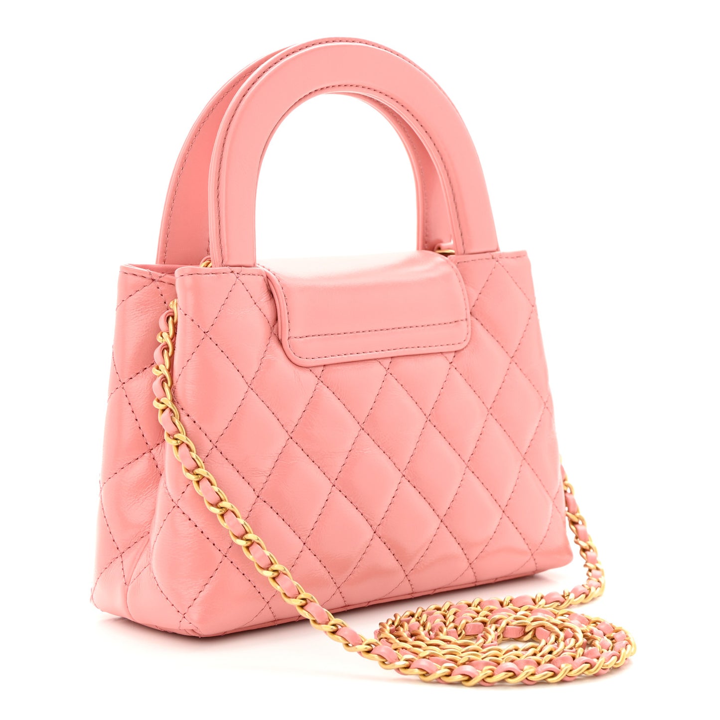 Shiny Aged Calfskin Quilted Nano Kelly Shopper Coral Pink