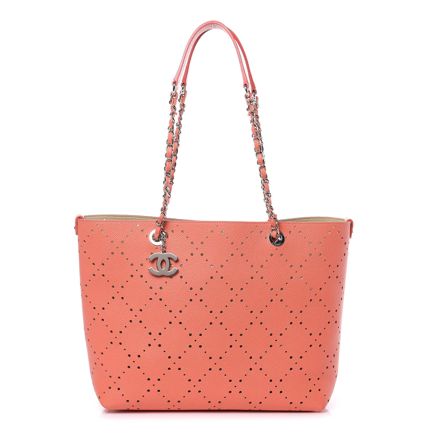 Perforated Grained Calfskin Small Shopping Tote Coral Beige