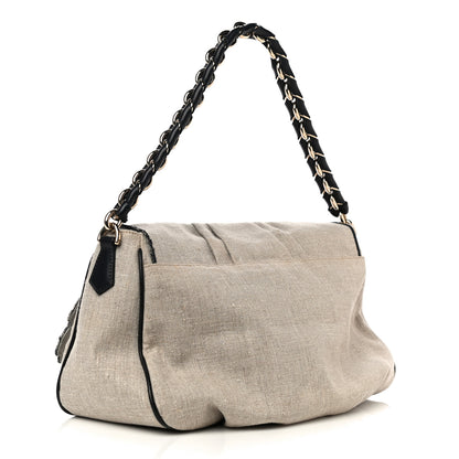 Fendi Linen Embroidered Mia Shoulder Flap Beige Black 3 of 21