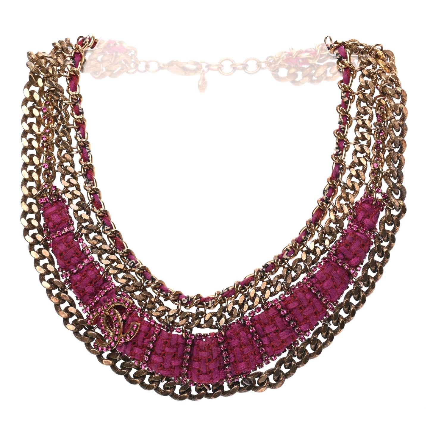 Wool Tweed Crystal Chainlink Bib Necklace Fuchsia Gold