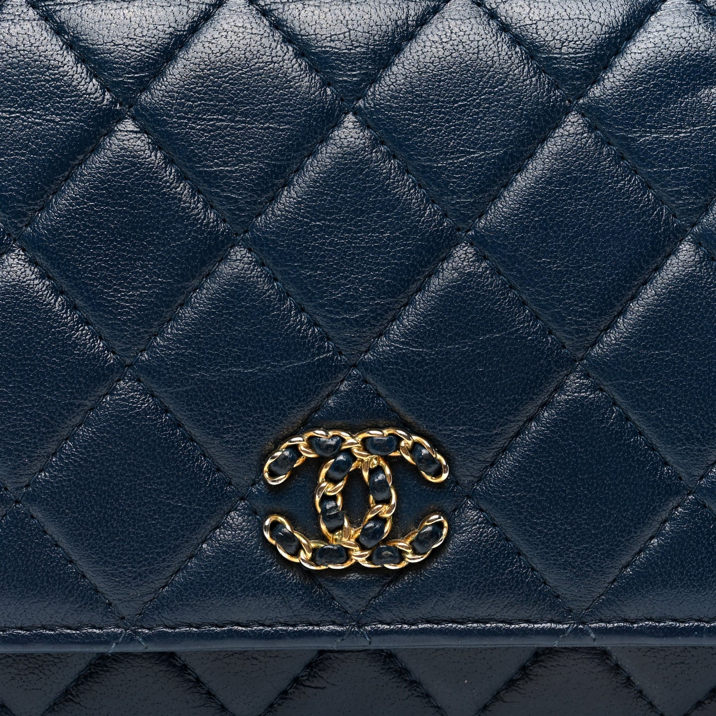 Goatskin Quilted Chanel 19 Wallet On Chain WOC Blue