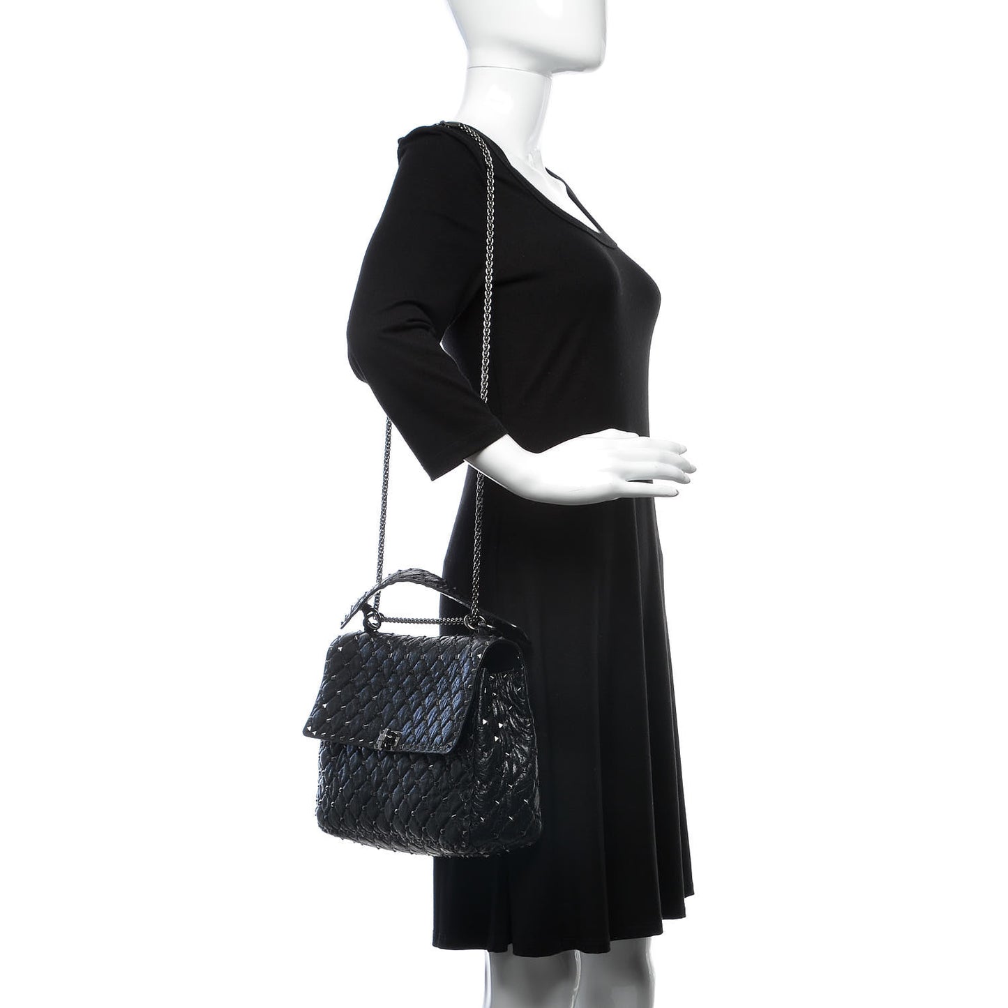 Craquele Nappa Large Rockstud Spike Shoulder Bag Black
