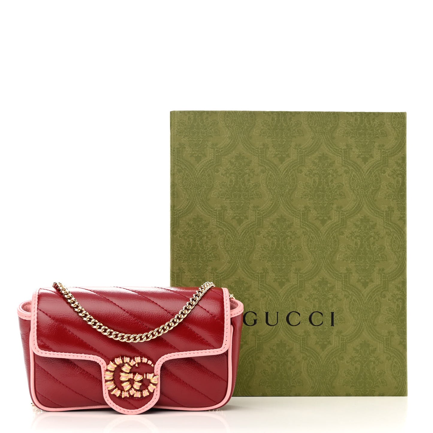 Azalea Calfskin Enamel Matelasse Diagonal Super Mini Torchon GG Marmont Shoulder Bag New Cherry Red Wild Rose