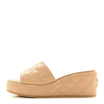 Chanel Lambskin Quilted Camelia CC Wedge Sandal Mules 41 Beige 1 of 9