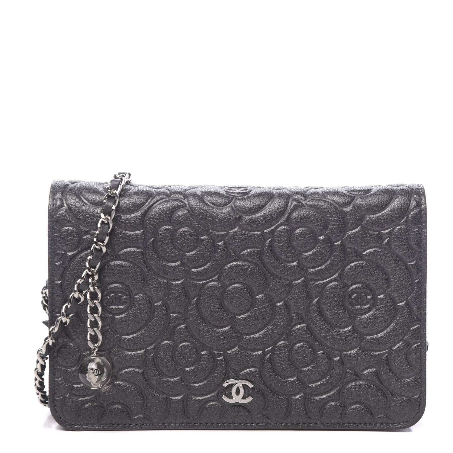 Chanel Goatskin Camellia Embossed Wallet On Chain WOC Grey 1 of 14