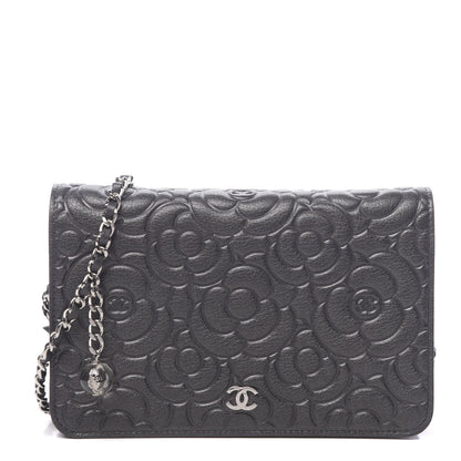 Chanel Goatskin Camellia Embossed Wallet On Chain WOC Grey 1 of 14