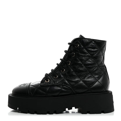Chanel Crumpled Lambskin Quilted Platform Lace Up Combat Boots 37 Black 1 of 9
