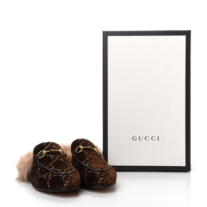 Gucci Velvet GG Monogram Fur Womens Princetown Slippers 37 Brown Black Natural 10 of 10