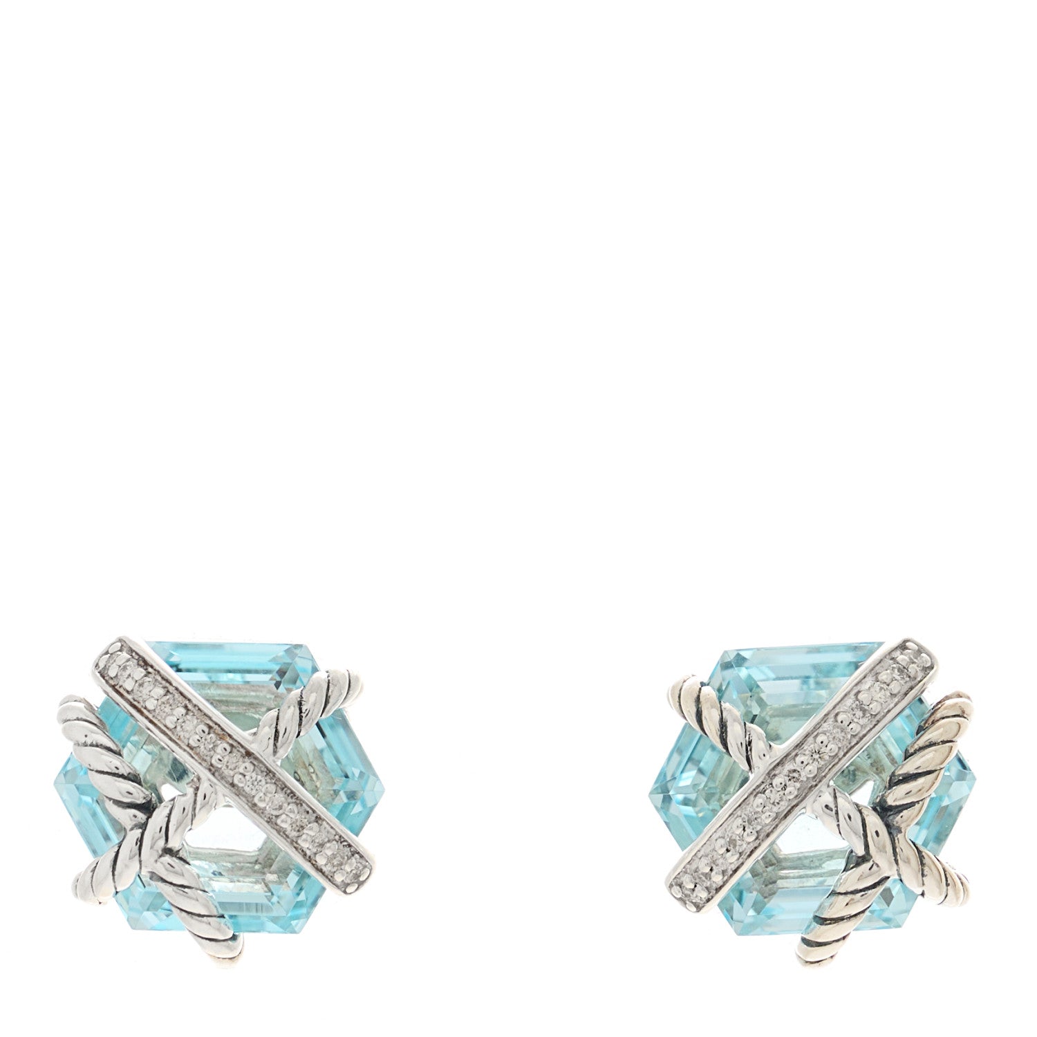 David Yurman Sterling Silver Diamond Blue Topaz 10mm Cable Wrap Earrings 1 of 4